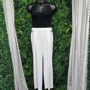 Nine West Pants Large Womens White Wide Leg Trousers Gold Buckle‎ Hardware 3638